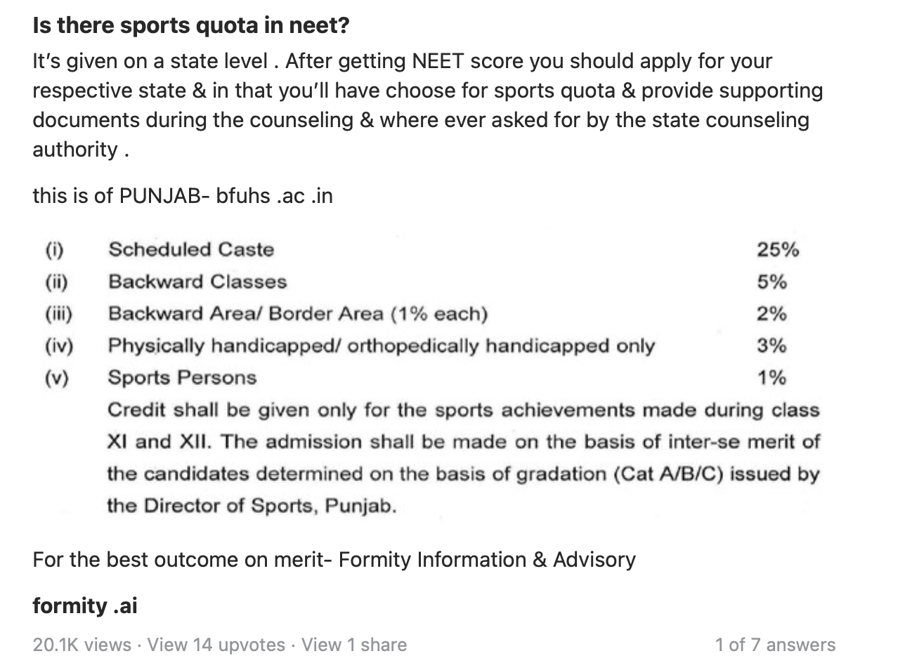 Quora answer: sports quota in NEET — Punjab quota categories, scheduled caste, backward classes, border area, PwBD, sports persons breakdown. By Vishwajeet Ranjan, Formity.