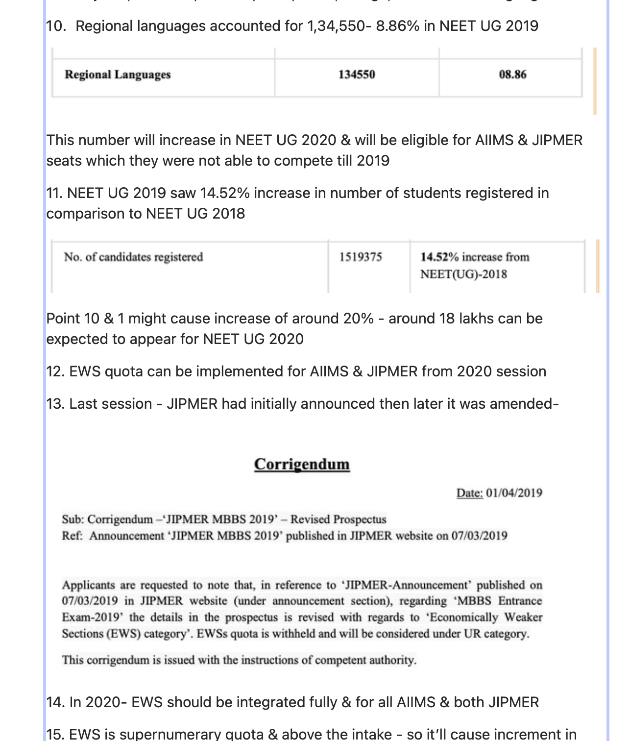 Quora answer continuation: AIIMS/JIPMER NEET 2020 — regional language table (1,34,550 candidates), JIPMER corrigendum on EWS. By Vishwajeet Ranjan, Formity.