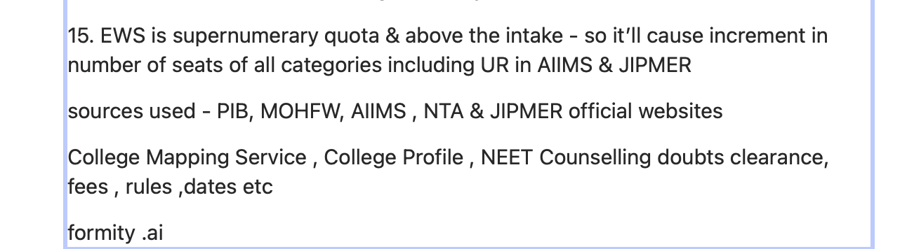 Quora answer continuation: AIIMS/JIPMER NEET 2020 — EWS supernumerary quota, sources PIB/MOHFW/AIIMS/NTA/JIPMER. By Vishwajeet Ranjan, Formity.