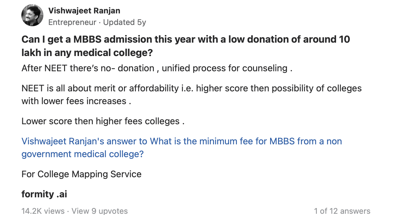 Quora answer: no donation route post-NEET — merit-based counselling replaces donations, higher score means lower-fee colleges. By Vishwajeet Ranjan, Formity.