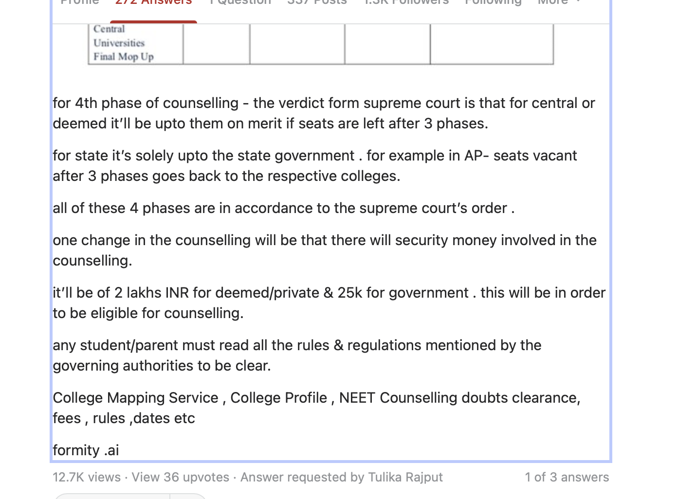 Quora answer continuation: NEET 2018 counselling 4-phase table with deposit, forfeiture, eligibility rules. By Vishwajeet Ranjan, Formity.