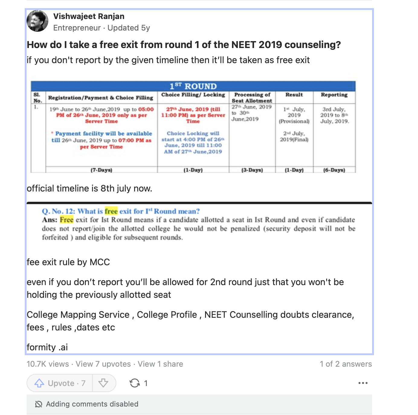 Quora answer: free exit from NEET 2019 Round 1 — MCC rules, payment facility window, official timeline table. By Vishwajeet Ranjan, Formity.