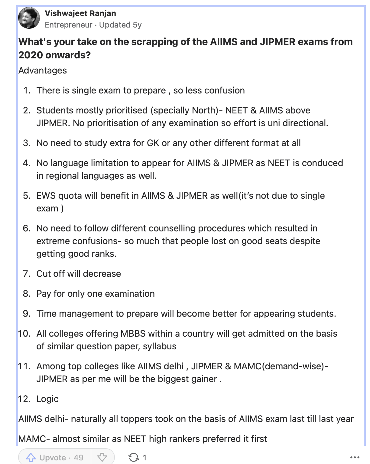 Quora answer: advantages of scrapping AIIMS/JIPMER — single exam, AIIMS Delhi demand analysis, JIPMER open-round data. By Vishwajeet Ranjan, Formity.