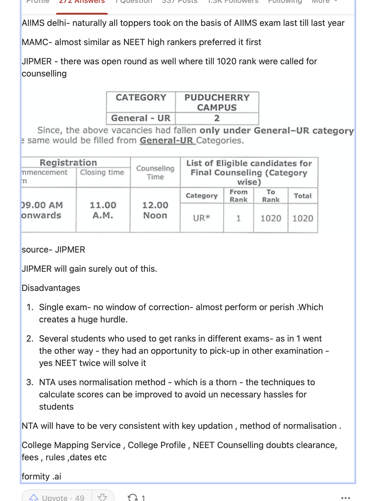 Quora answer continuation: disadvantages of scrapping AIIMS/JIPMER — normalisation, NTA consistency, AIIMS Delhi preference pattern. By Vishwajeet Ranjan, Formity.