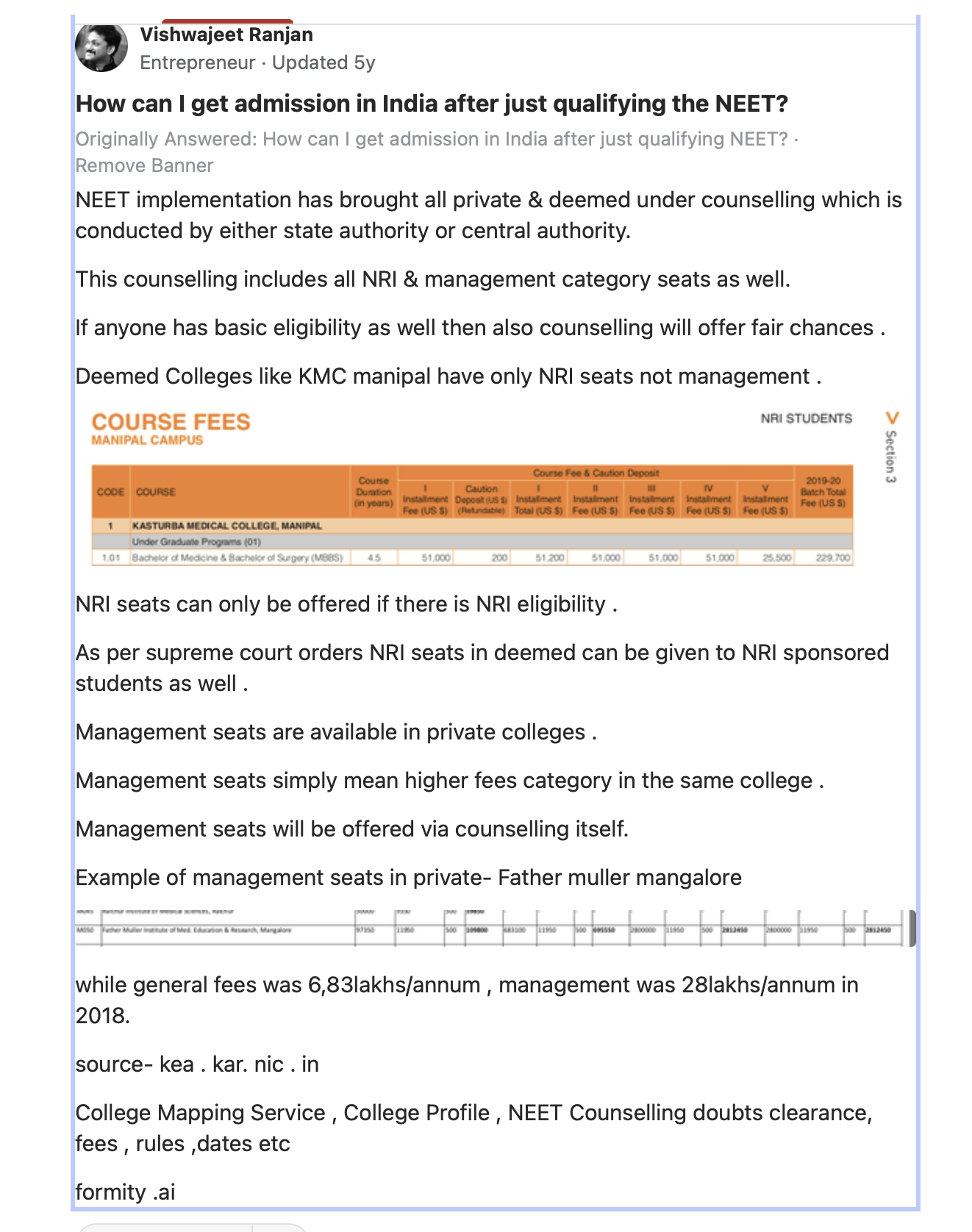 Quora answer: admission options after qualifying NEET — private & deemed counselling, NRI quota, management seats, KMC Manipal fee data. By Vishwajeet Ranjan, Formity.
