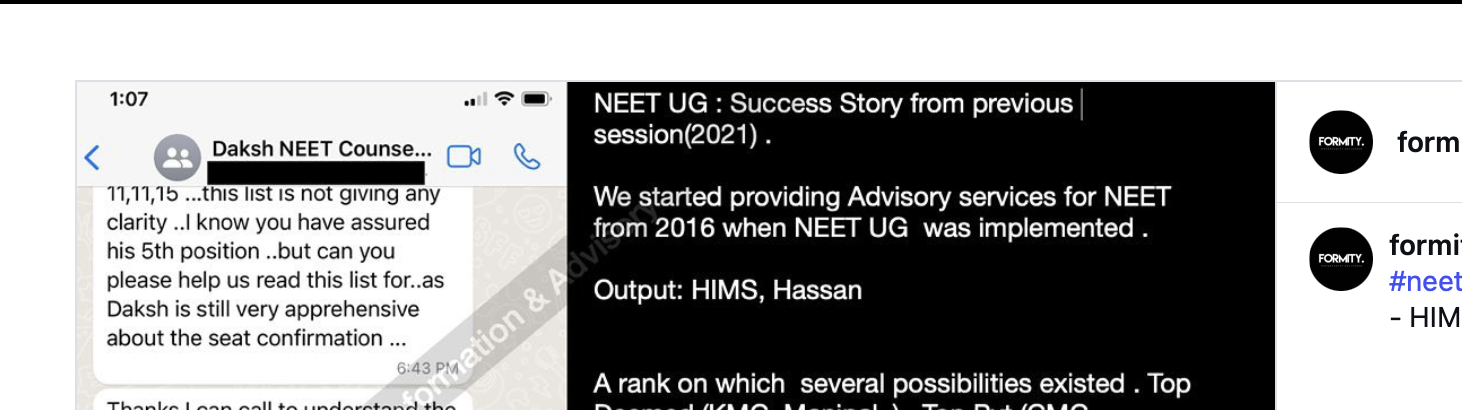 Instagram post @formityindia 2021: success story from NEET UG counselling session — Daksh got HIMS Hassan, WhatsApp advisory conversation screenshot. Formity advisory since 2016.