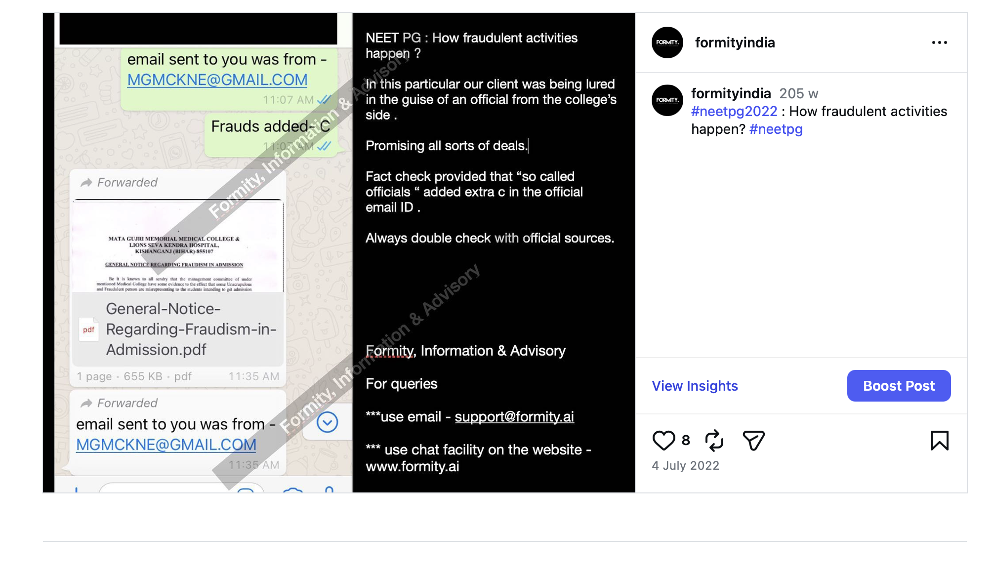 Instagram post @formityindia 4 July 2022: NEET PG fraud case — WhatsApp screenshot showing typo-squatted email MGMCKNE@GMAIL.COM and the college's General Notice Regarding Fraudism in Admission. Frauds added extra character to fool families. Formity documented and published this case publicly.
