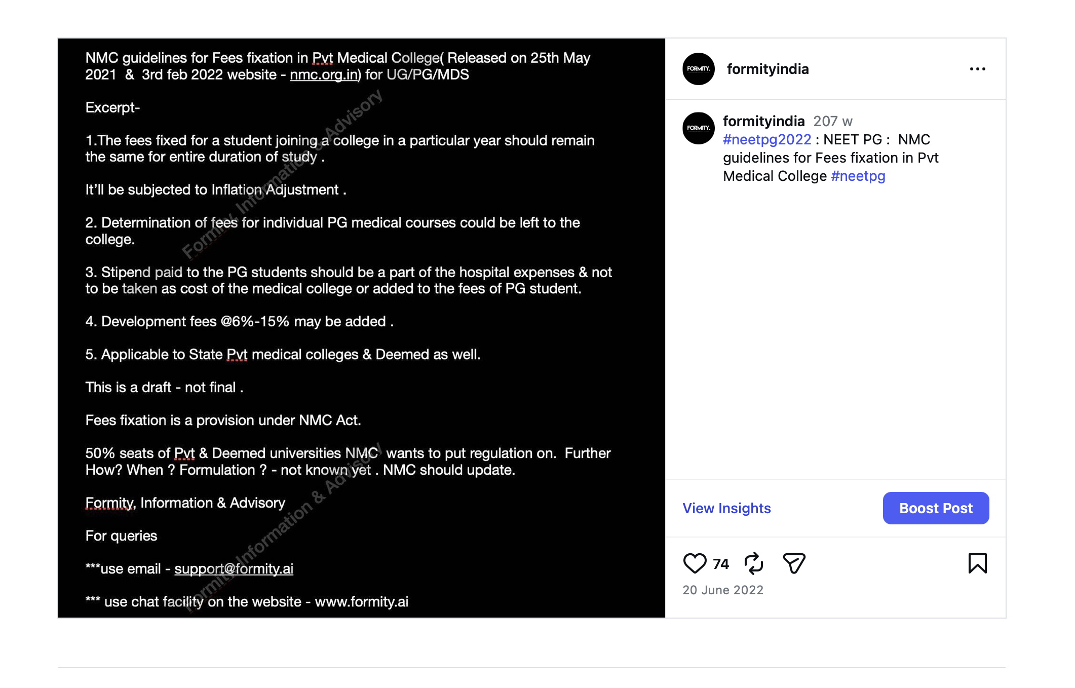 Instagram post @formityindia 20 June 2022: NMC draft guidelines for fees fixation in private medical colleges — inflation adjustment, stipend rules, 50% seat regulation for UG/PG/MDS. Released 25 May 2021 & 3 Feb 2022. Formity.