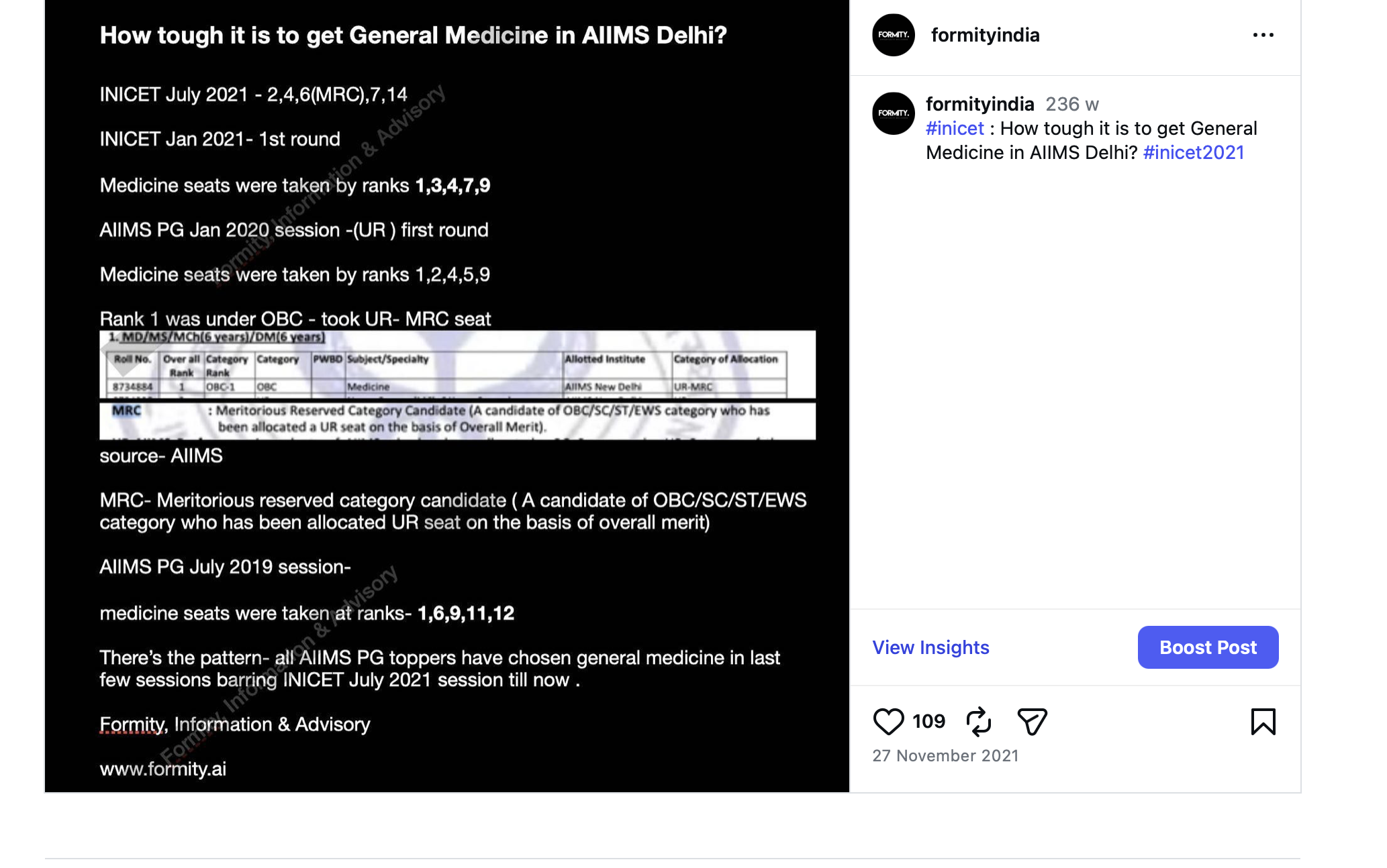 Instagram post @formityindia 27 November 2021: how tough to get General Medicine at AIIMS Delhi in INI-CET — rank pattern across INICET sessions, AIIMS PG Jan 2020, MRC analysis. Formity, Information & Advisory.