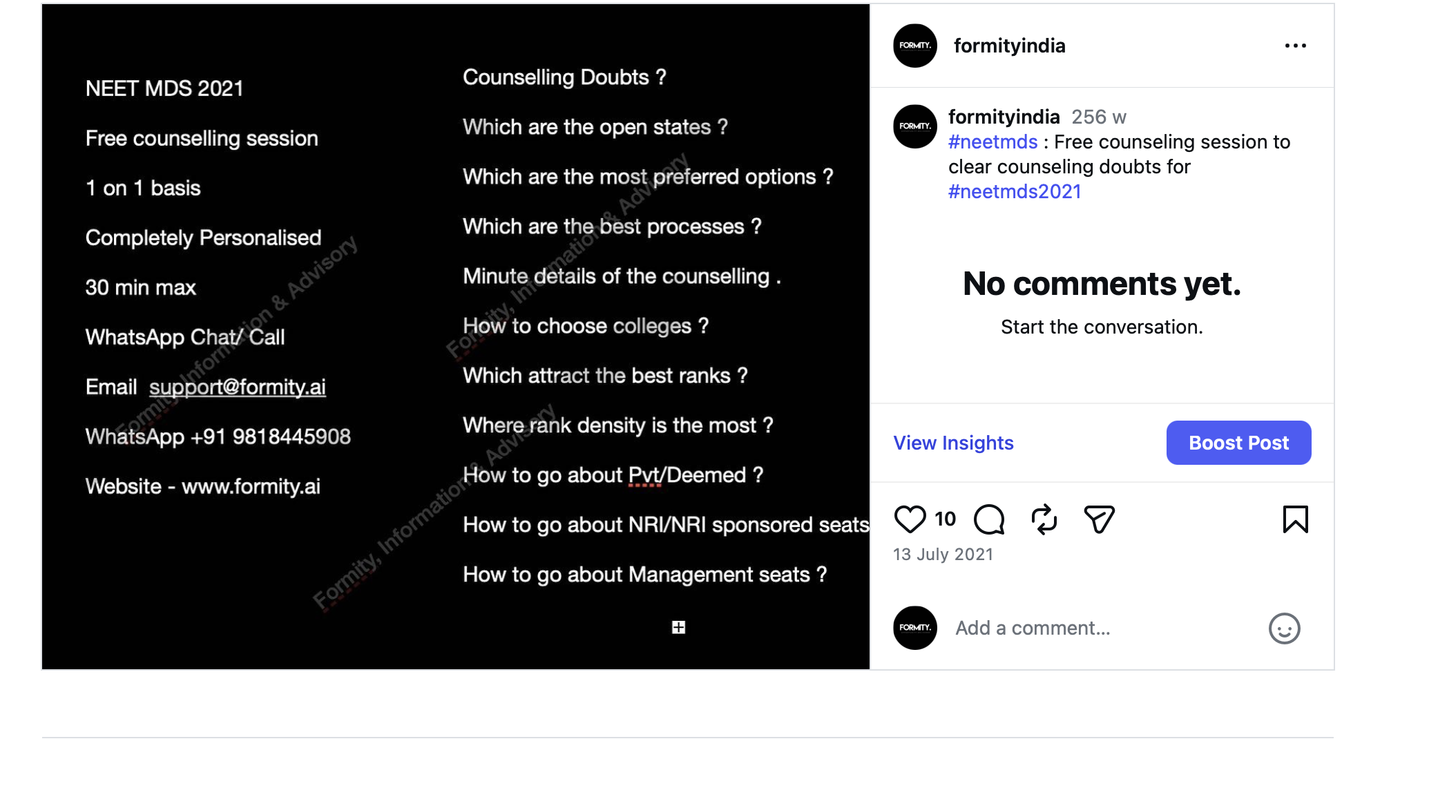 Instagram post @formityindia 13 July 2021: NEET MDS 2021 free counselling session — 1-on-1 personalised, 30 min, WhatsApp/Call, open counselling doubt topics. Formity, Information & Advisory.