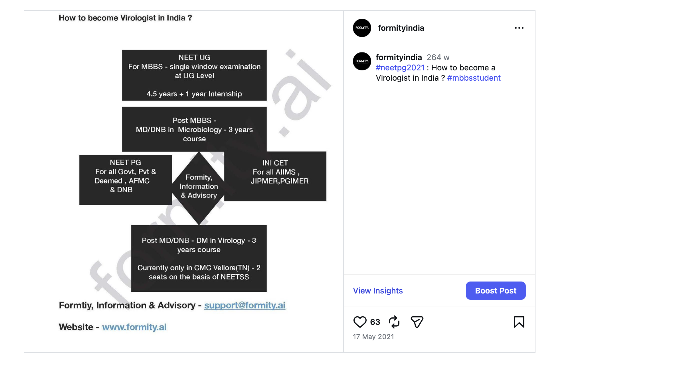 Instagram post @formityindia 17 May 2021: how to become a Virologist in India — NEET UG → MBBS → NEET PG / INI-CET MD Microbiology → DM Virology pathway. CMC Vellore (TNL) only 2 DM Virology seats. Formity.