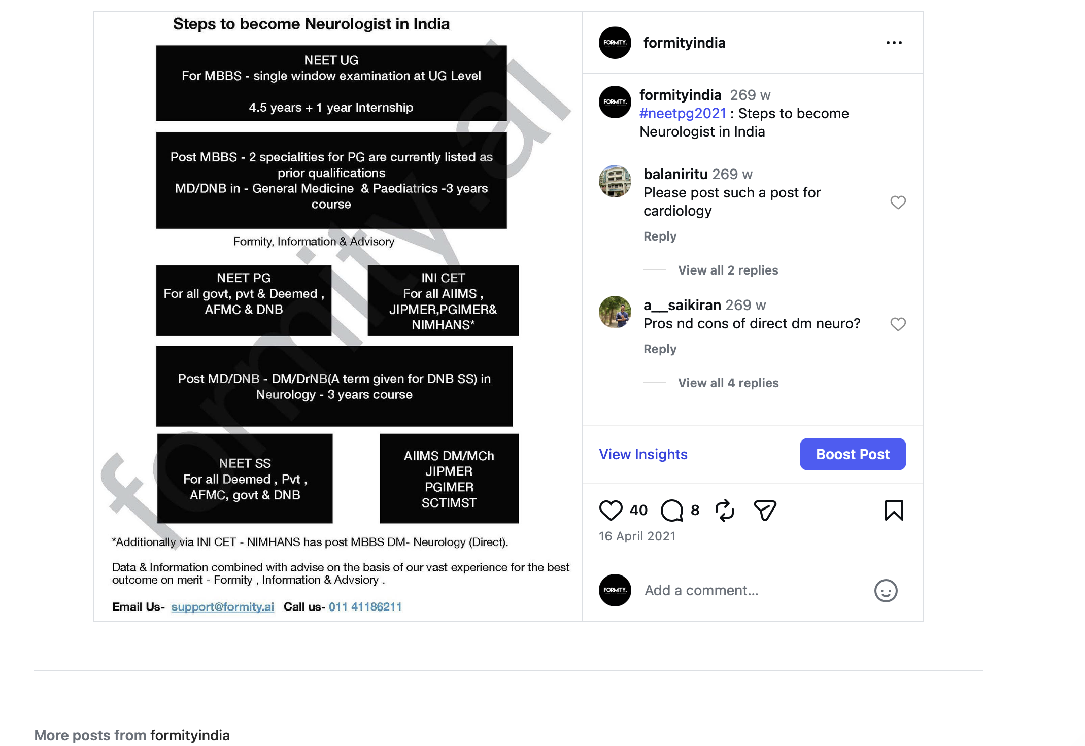 Instagram post @formityindia 16 April 2021: steps to become Neurologist in India — NEET UG MBBS, NEET PG / INI-CET MD/DNB Neurology pathway, AIIMS DM route. Formity, Information & Advisory.