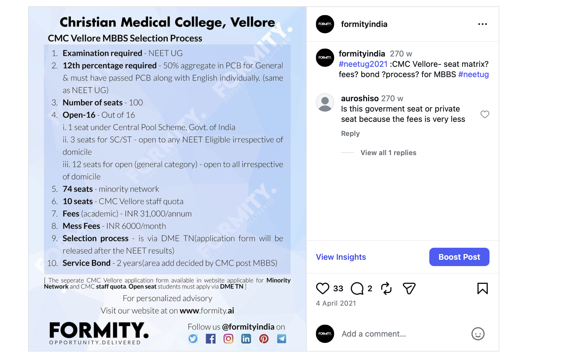 Instagram post @formityindia 4 April 2021: CMC Vellore MBBS selection process — exam, seats, open-16, fees, service bond, Open seat and Minority Network breakdown. Formity, Information & Advisory.